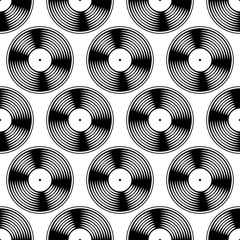 Black and white vinyl record seamless pattern.
