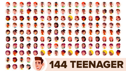 Teenager Avatar Set Vector. Girl, Guy. Multi Racial. Face Emotions. Multinational User People Portrait. Male, Female. Ethnic. Modern Default Placeholder Icon. Flat Cartoon Illustration
