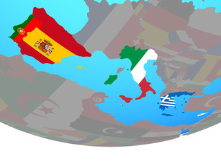 Southern Europe with national flags on simple political globe.