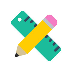 Pencil and ruler flat icon on isolated white transparent background.	