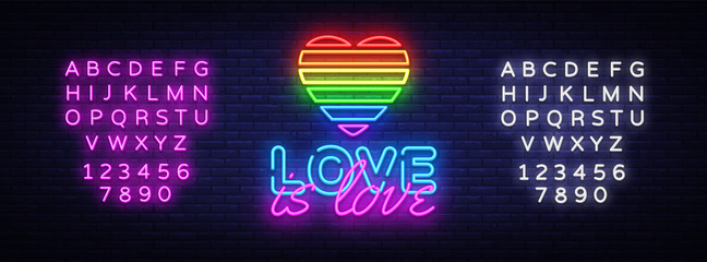 Love is Love neon text vector design template. LGBT neon logo, light banner design element colorful modern design trend, night bright advertising. Vector illustration. Editing text neon sign