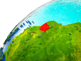 Suriname on 3D Earth model with visible country borders.