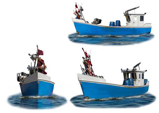 Fototapeta Baltic Sea.The boat with the blue plastic case and the white cabin. Three wiews. Isolated photo. Site about fishermen, shipbuilding,industry, romance.