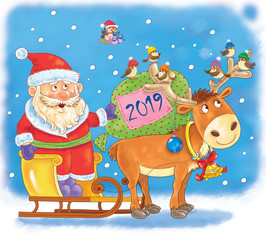 Christmas. New Year. Year of Pig. Greeting card. Coloring page.  Cute and funny cartoon characters