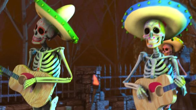 Seamless animation mexican sugar skeletons playing guitar in a graveyard. Funny Halloween 4K background.