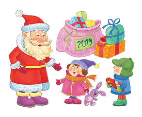 Christmas. New Year. Year of Pig. Greeting card. Coloring page.  Cute and funny cartoon characters