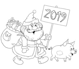 Christmas. New Year. Year of Pig. Greeting card. Coloring page.  Cute and funny cartoon characters