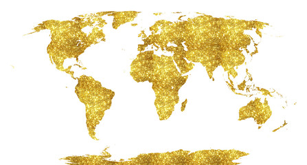 Golden world map. Glitter.