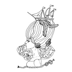 Vector rococo girl with big ship hairstyle.
