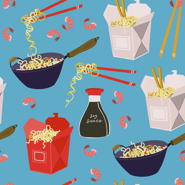 Wok noodles, take away boxes and various ingredients. Hand drawn vector seamless pattern. Blue background