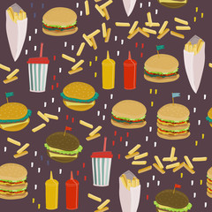 Burgers and fries. Hand drawn vector seamless pattern. Dark background