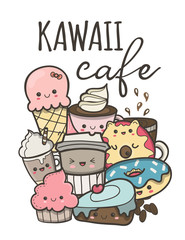Obraz na płótnie Canvas Kawaii cafe. Hand drawn colored vector illustration