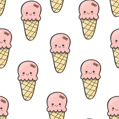 Kawaii pink ice cream. Hand drawn vector seamless pattern