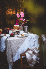 Pique-Nique d'Automne avec un Gâteau Aux Pommes, des Fruits et du Café