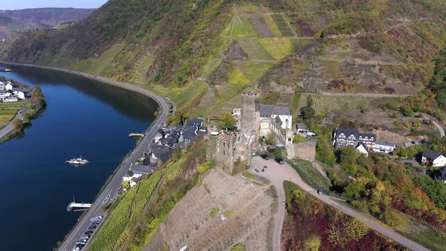 Aerial view of vineyards in autumn near Polterndorf with Metternich castle,, Moselle River, Moselle Valley, Cochem &ndash; Zell, Rhineland-Palatinate, Germany