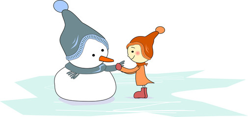 Mädchen legt einem Schneemann einen Schal um