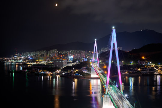 Night View At Dolsan Bridge, Yeosu, In Korea                               