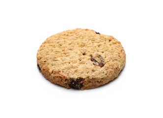 Round wholewheat biscuit, cookie with raisins isolated on white background