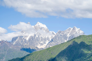 Fototapeta na wymiar Beautiful view of peak Ushba from village Zhabeshi , Georgia, Europe