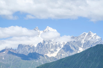 Fototapeta na wymiar Beautiful view of peak Ushba from village Zhabeshi , Georgia