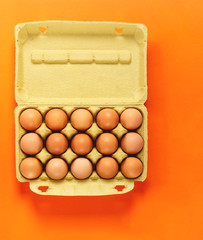 Brown chicken eggs in open cardboard box. Healthy food and farming concept. Flat lay style.