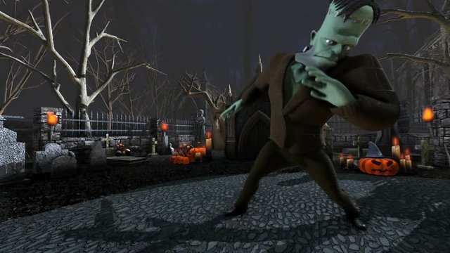Seamless animation of Frankenstein monster dancing salsa in a graveyard. Funny Halloween 4K background.