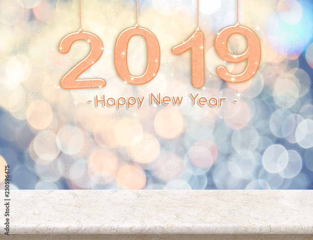 Poster 2019 new year peace color (3d rendering) hanging over marble table top with pastel blue and orange s