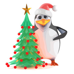 Vector 3d Xmas penguin Christmas tree