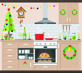 Christmas kitchen interior. Christmas decorations and treats. Vector illustration.