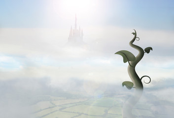 beanstalk rising through clouds withcastle in background - obrazy, fototapety, plakaty