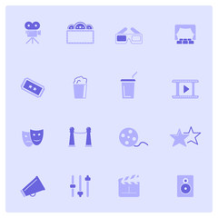Set of Universal Cinema Related Vector Icon set for web and mobile. Contains such Icons as Movie Theater, TV, Popcorn, Video Clip and more.