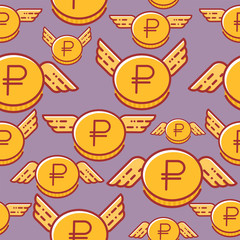 Ruble coins with wings, seamless vector pattern, russian currency