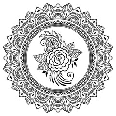 Circular pattern in form of mandala with flower for Henna, Mehndi, tattoo, decoration. Decorative ornament in ethnic oriental style. Coloring book page.