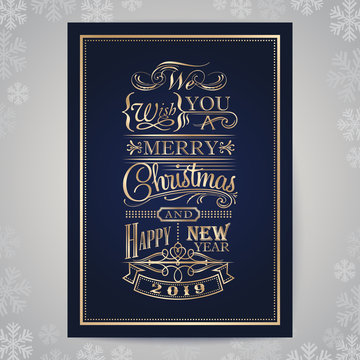 merry christmas and happy new year vintage typography card