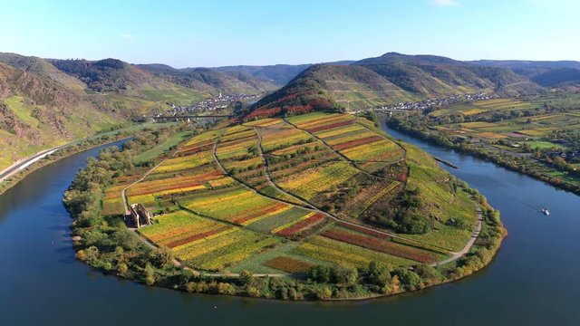 Aerial view, Germany, Rhineland-Palatinate, Cochem district - Zell, Mosel, Moselle loop at Bremm with monastery Ruine Stuben