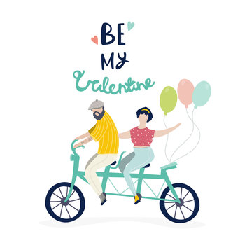 Be my Valentine. Couple in love on tandem bicycle with balloons. Colored vector greeting card