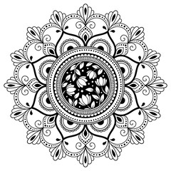 Circular pattern in form of mandala with flower for Henna, Mehndi, tattoo, decoration. Decorative ornament in ethnic oriental style. Coloring book page.