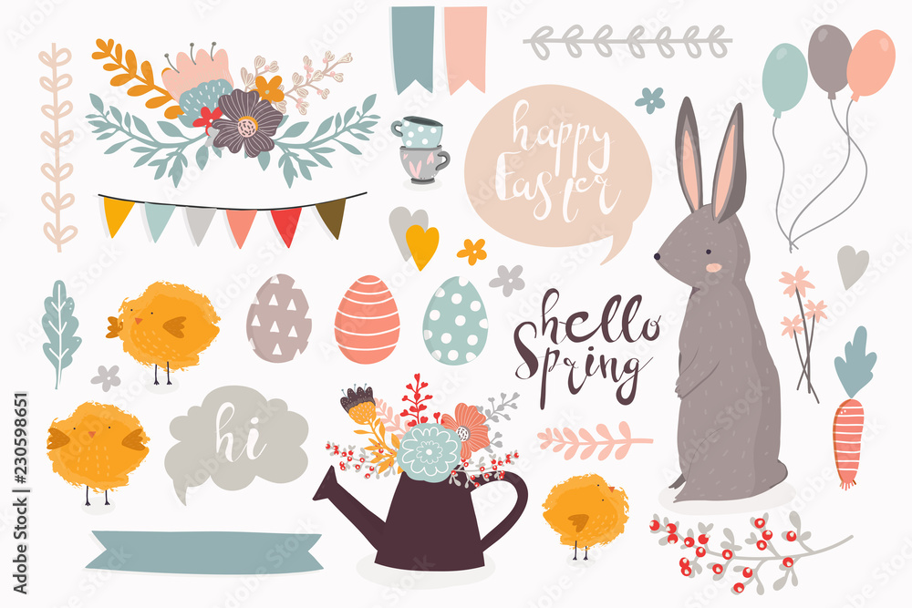 Poster happy easter. hello spring. colored vector set of various objects