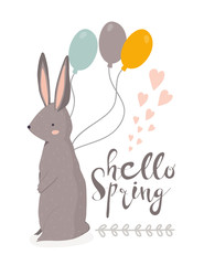 Hello spring. Cute little bunny with balloons. Hand drawn vector illustration