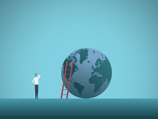 Businessman looking at the top of the world vector concept. Symbol of ambition, success, motivation, achievement, career growth.