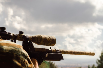 Sniper Scope With Camouflage Tape, Cloud Sky Background