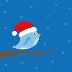 little bird with santa cap is sitting on a branch