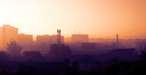Fototapeta na wymiar fog in the city. gradient from orange to black. panorama. Ukraine. Vinnitsa