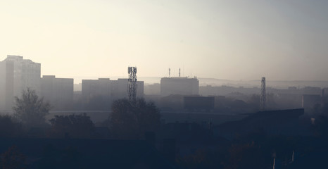 fog in the city. gradient from black to white. panorama. Ukraine. Vinnitsa