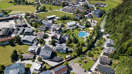 Aerial view of a village in the alpine mountains, Lofer, Austria