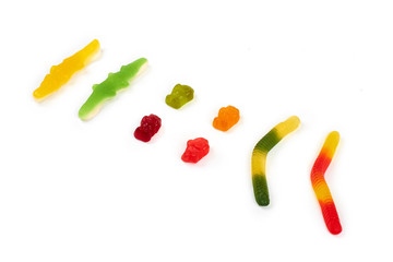 Different colorful jelly candy isolated on white background