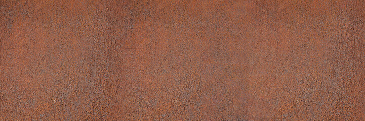 Panorama of rusty metal wall, old sheet of iron covered with rust and corrosion paint. Oxidized...