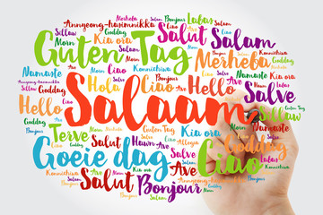 SALAAM (Hello Greeting in Persian,Farsi) word cloud in different languages of the world with marker