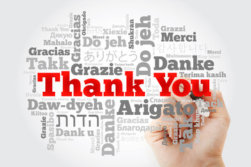 Thank You Word Cloud in all languages with marker, concept background