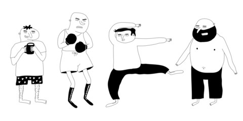 Collection of hand-drawn men with different poses. Vector illustration with doodle style.